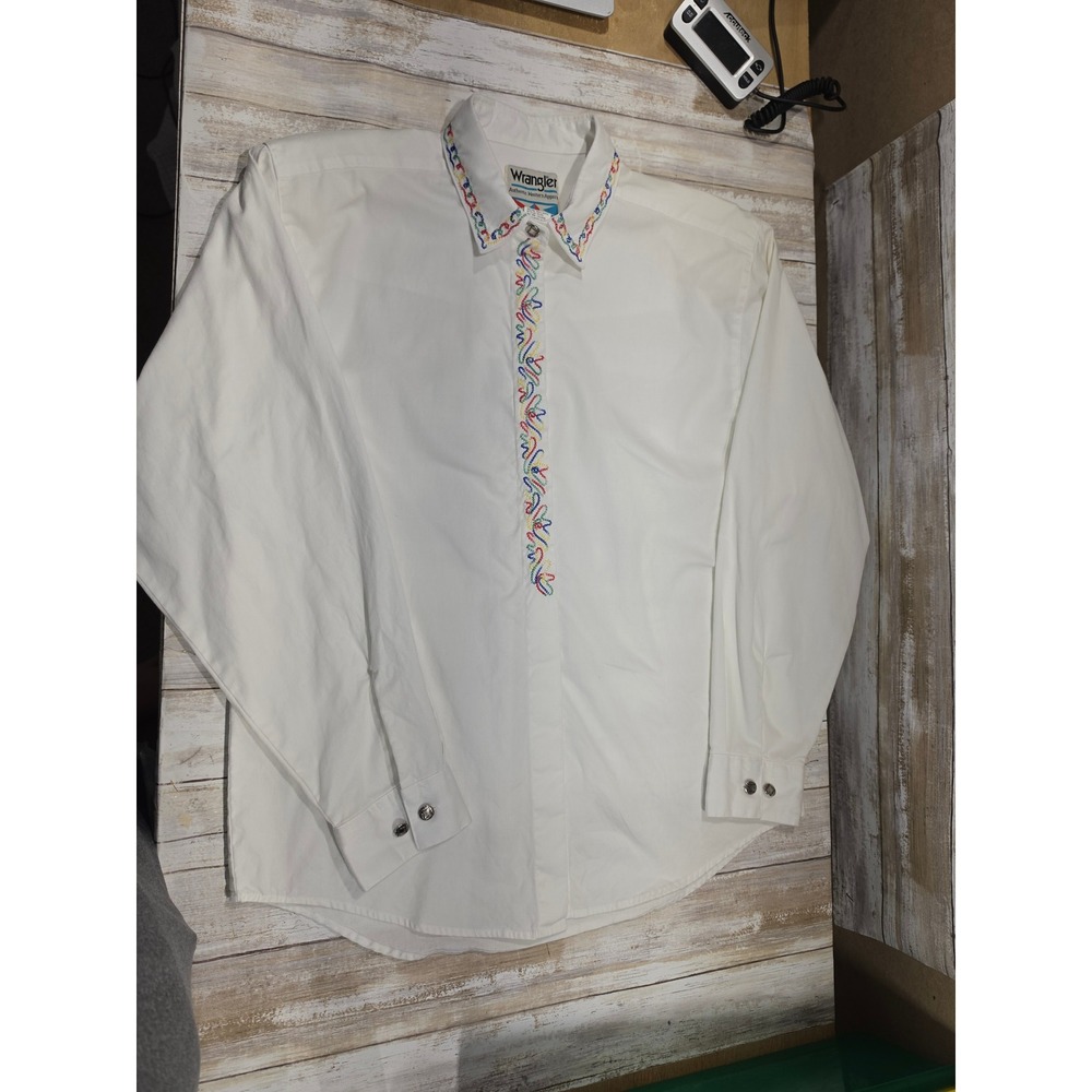 VTG Wrangler Authentic Western White Cotton Embroidered Button Down Shirt Large
